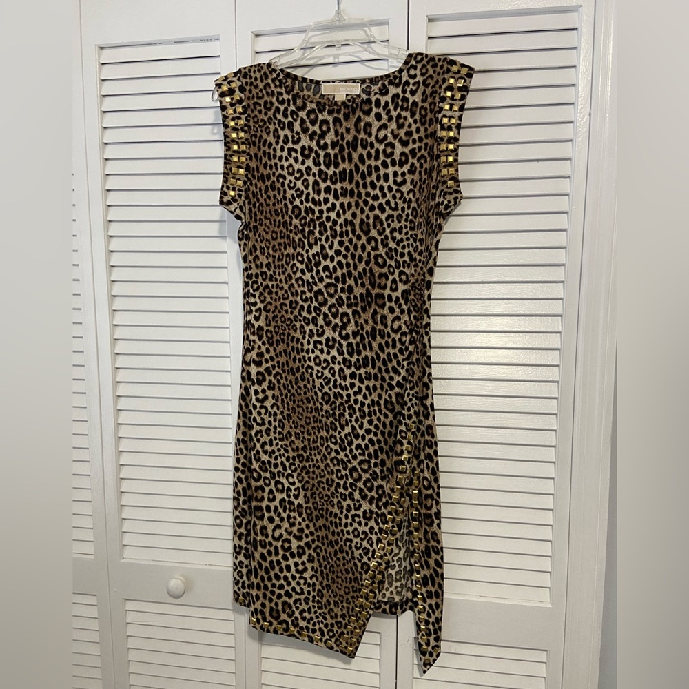 Michael Kors cheetah leopard print sleeveless dress with gold accents